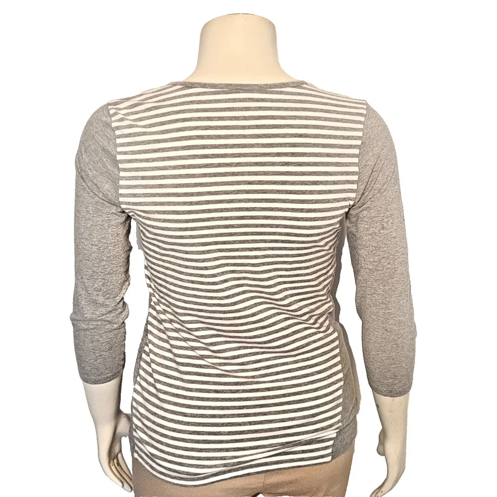 Michael Kors Top Blouse Womens L Gray White Stripe 1/2 Zip V-Neck  3/4 Sleeve